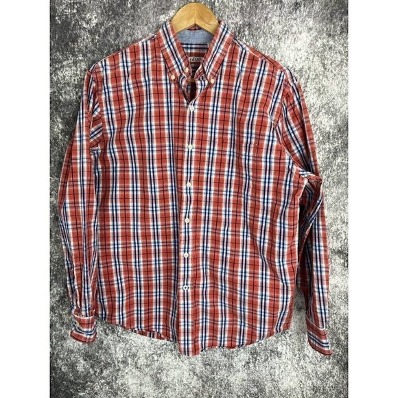Izod Perform X Orange/ White /Blue Plaid Button Down Shirt Men's Medium - Picture 11 of 12